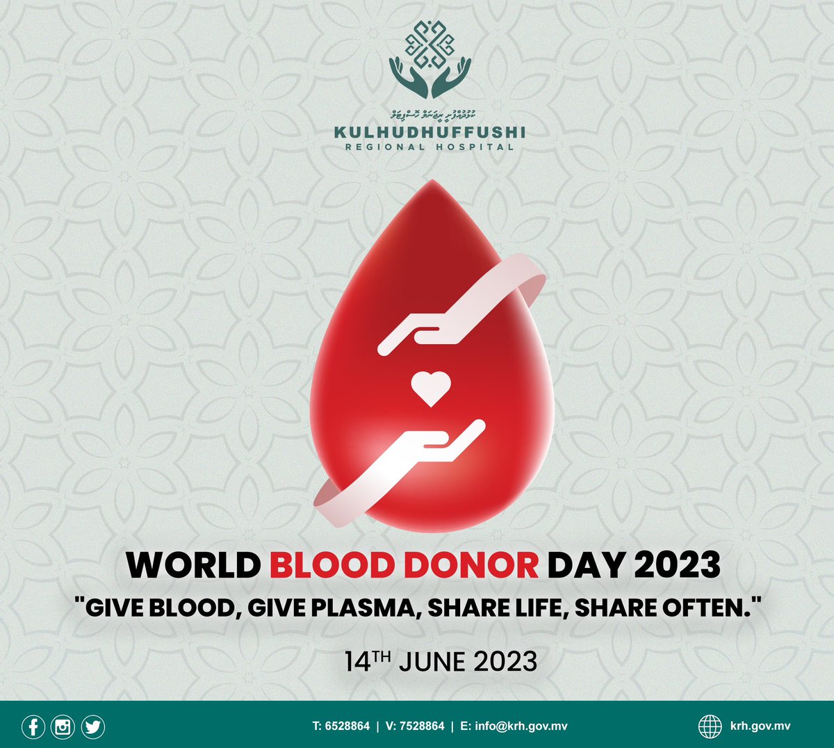 KRHmv's tweet photo. Today on World Blood Donor 🌍 🩸 Day, we celebrate all the selfless heroes who with compassion and generosity show the power of giving, making a tremendous impact to so many lives.

#41yearsofKindness 
#WorldBloodDonorDay 

@presidencymv https://t.co/EG7lUExQUi