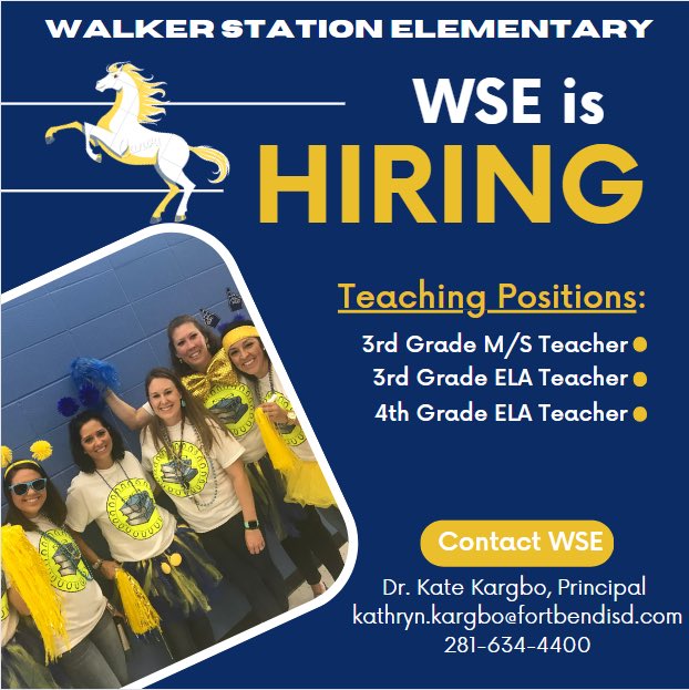 kate_kargbo's tweet photo. WSE is looking to hire three more teachers to complete our team. Please help spread the word! 💙💛💙💛 @WSE_Stallions @WSE_PTO @FortBendISD @FBISDTopTalent @BangsteinRebeca https://t.co/nMPiGSXI2F