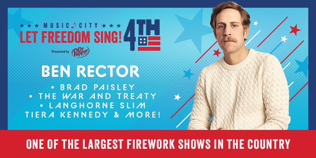 benrector's tweet image. Guys I’m playing at Nashville’s 4th of July celebration and it is going to be LIT (literally, so many fireworks). We go on before @bradpaisley and I’ll be wearing an American Flag and jorts (just kidding), I hope to see you there. Big shoutout to @visitmusiccity for having me.