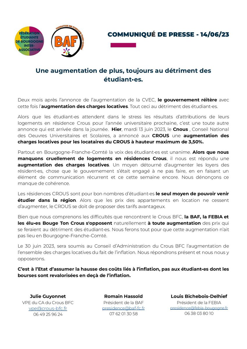 #CDP | Aujourd'hui, le gouvernement demande une augmentation des charges locatives des Crous au détriment de étudiant•es.

Aujourd'hui, la FEBIA, la <a href="/BAF_officiel/">BAF officiel</a> et les élu•es Bouge Ton Crous disent non ❌

<a href="/sup_recherche/">Ministère Enseignement supérieur/Recherche/Espace</a> <a href="/sretailleau/">Sylvie Retailleau</a>