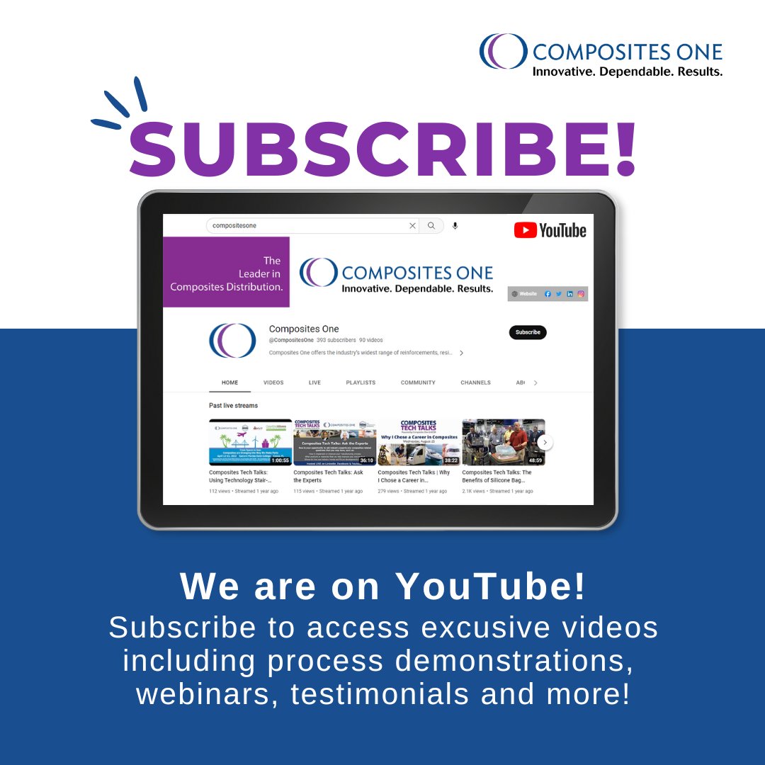 compositesone's tweet photo. Composites One has a YouTube channel! Subscribe for exclusive video content including process demonstrations, testimonials, webinars, and much more. Visit YouTube and search Composites One or click the link here: https://t.co/ywwZnKVhY4
#CompositesOne #Innovation #Composites https://t.co/GbewyDgguj