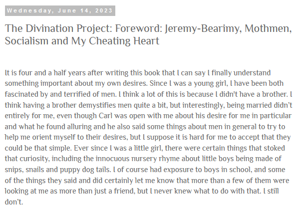 'How far would you go for love? And what even is love?' tinyurl.com/mr23c2fm Here's a foreword for my long-anticipated book, The Divination Project, which I'll be self publishing. #writersoftwitter #capitalism #artist #queerandnow2023 #invisiblelabor #sexeducation