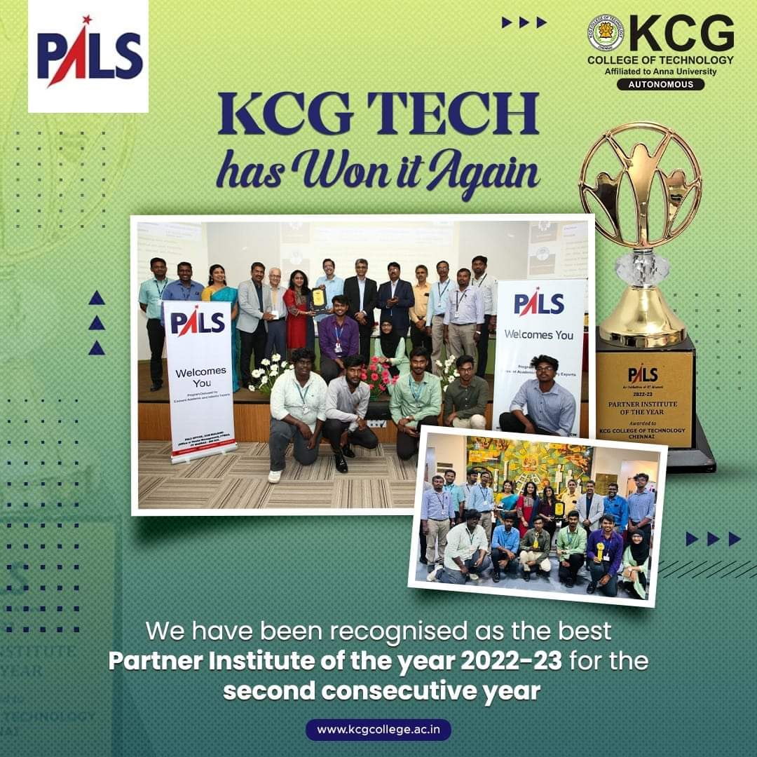 KCGtechnology's tweet photo. We are proud to announce that KCG Tech has been recognized as the Best Partner Institute of the Year 2022-23 by IIT PALS for the second consecutive year. It is an immense honour to receive this prestigious recognition from IIT PALS.
#KCGCollege #IITPALS https://t.co/qI1Nn8pDtZ