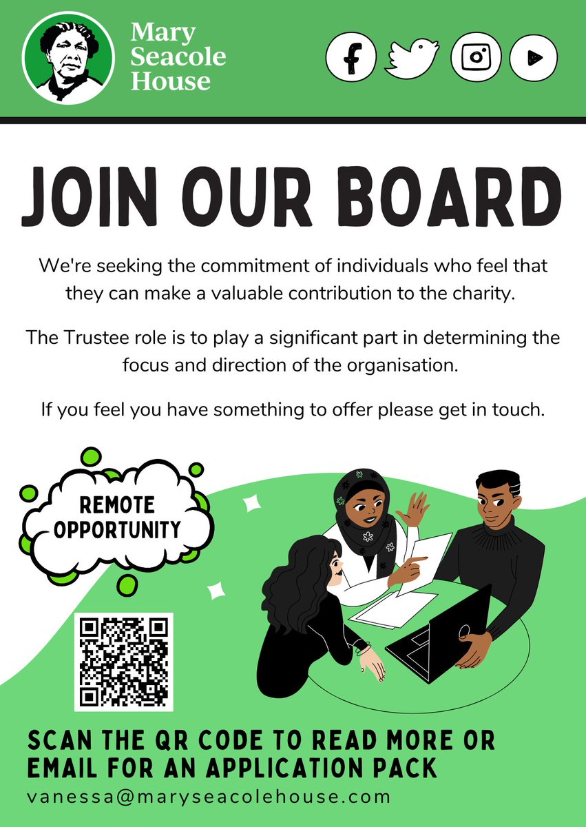 CALL OUT 📢 Please spread the word we are looking for a TREASURER to join our board!!

The overall role of a treasurer is to:
📖Maintain an overview of the charity’s affairs
📈Ensuring its financial viability
🧑🏾‍💼Ensuring that proper financial records and procedures are maintained