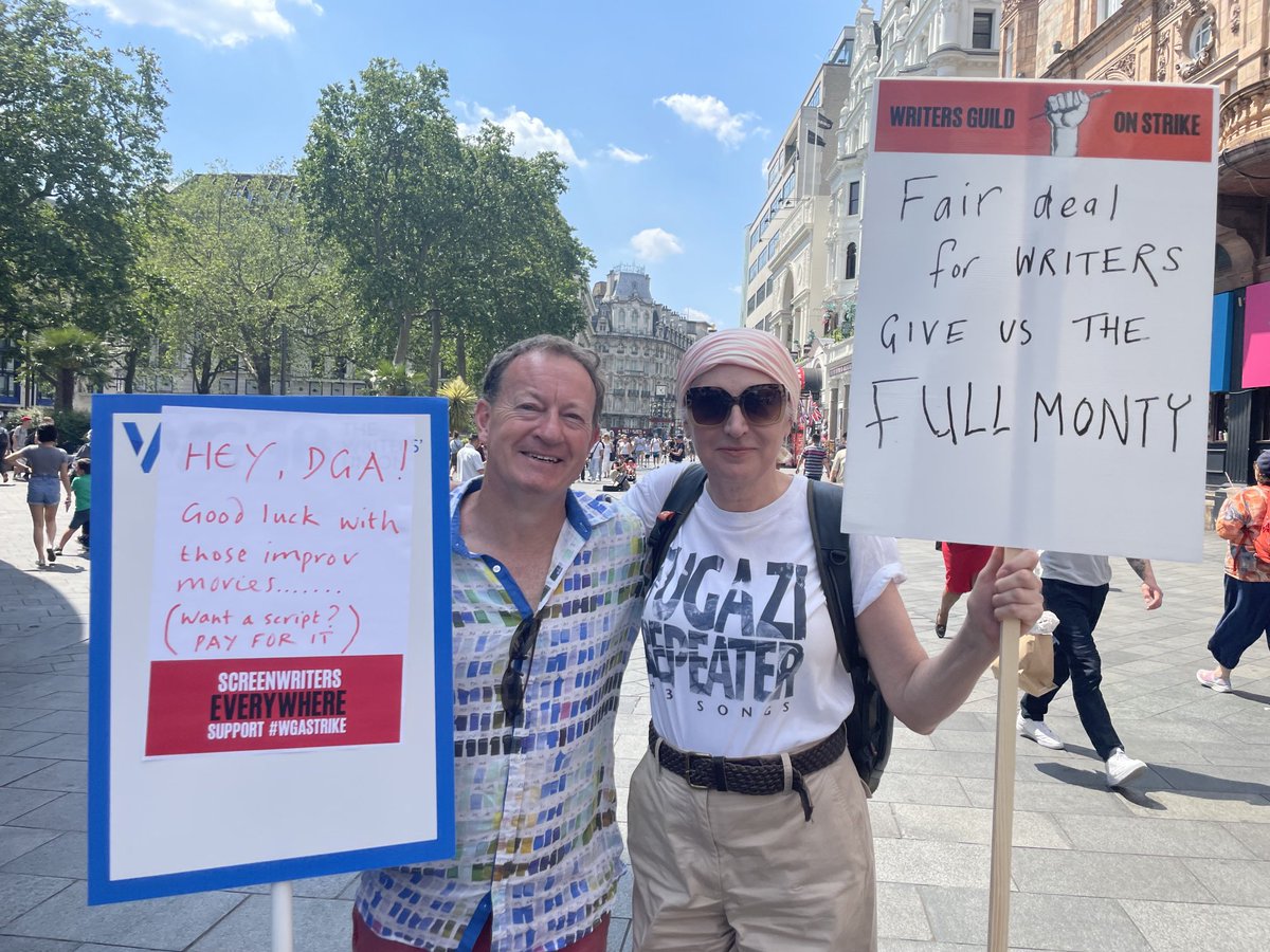 alicenut1's tweet photo. Writer’s day out in a VERY hot Leicester Square #WGA demo. Solidarity https://t.co/E6TKphe3vR