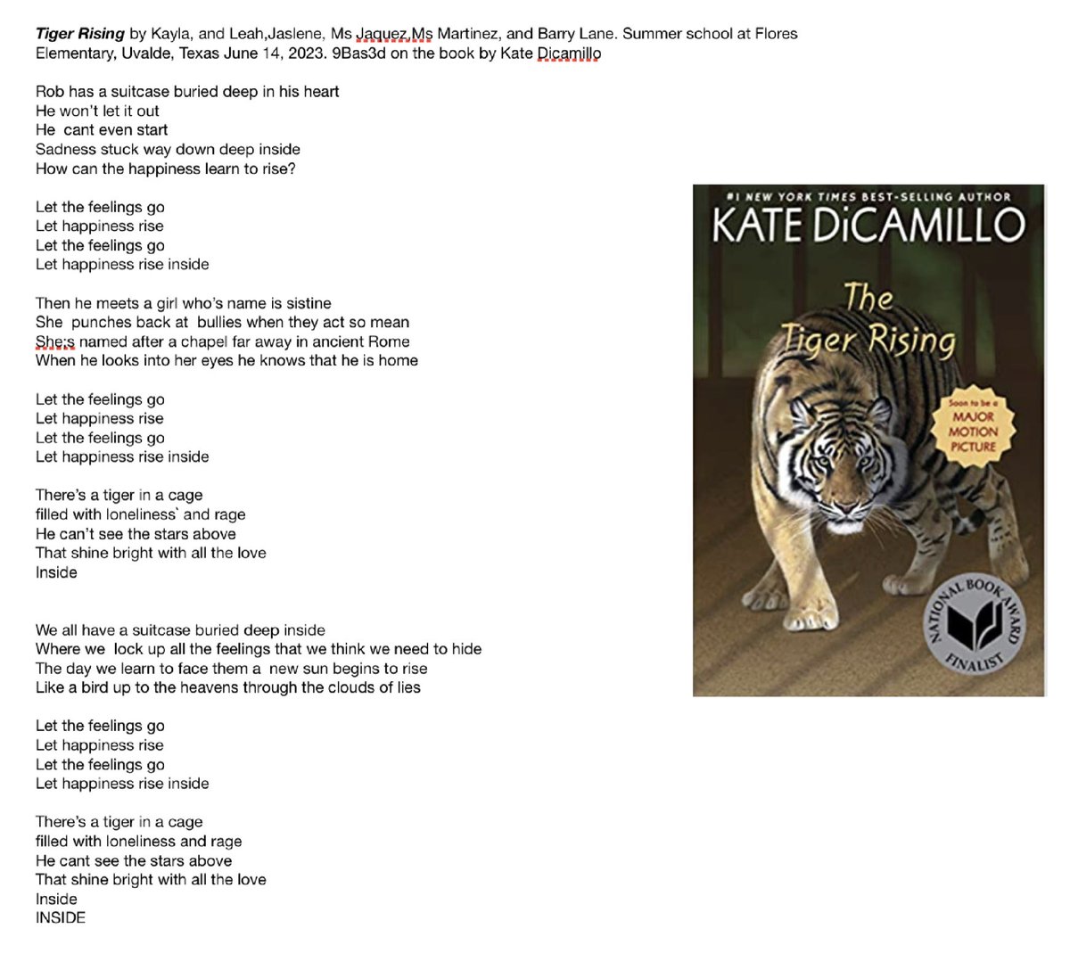 the song we wrote about Tiger Rising by ⁦<a href="/KateDiCamillo/">Kate DiCamillo</a>⁩ ⁦<a href="/KateDiCamillo_/">KateDicamillo</a>⁩  Uvalde, Texas, Flores Elementary. June 14, 2023