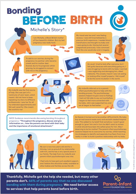ParentInfantFdn's tweet photo. Have you seen our new infographic 'Michelle's Story' yet? It details a real mum's struggles with #BondingBeforeBirth &amp; the crucial support she received to help her, her baby &amp; her family get through very challenging times. 
Also available here👉 https://t.co/jrv7KLqy2A #IMHAW2023 https://t.co/OsRVGzYqzh