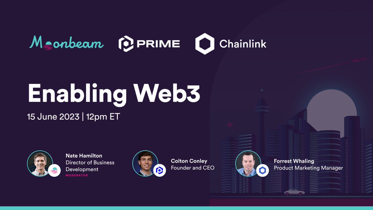 🎙️ On 6/15 at 12PM ET, @MoonbeamNetwork will be hosting a #TwitterSpaces with @prime_protocol and @chainlinklabs to talk about how their work in Web3 is helping to push the industry forward.

Set a reminder so you don't miss the conversation ⏰👇
twitter.com/i/spaces/1MnGn…