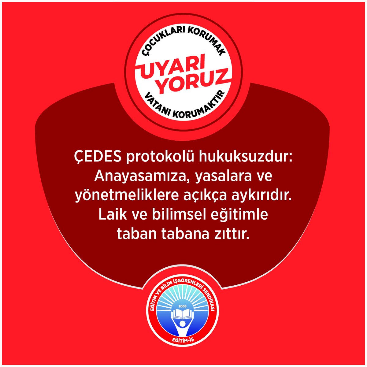egitimis's tweet photo. ÇEDES protokolü hukuksuzdur: Çünkü Anayasa ile de Milli Eğitim Temel Kanunu ile de çelişmektedir. Anayasa’nın 42.Maddesi “Öğrenim  hakkının kapsamı kanunla tespit edilir ve düzenlenir. Eğitim ve  öğretim, Atatürk ilkeleri ve inkılapları doğrultusunda, çağdaş bilim ve  eğitim esaslarına göre, Devletin gözetim ve denetimi altında yapılır. Bu  esaslara aykırı eğitim ve öğretim yerleri açılamaz” derken,  ÇEDES hem bir kanunla belirlenen bir uygulama olmadığı için hem de laik  ve bilimsel eğitimle tezat olduğu için bu kesin hükümle çelişmektedir.  Yine Anayasanın 128. Maddesi’ndeki “Devletin, kamu iktisadi  teşebbüsleri ve diğer kamu tüzel kişilerinin genel idare esaslarına göre  yürütmekle yükümlü oldukları kamu hizmetlerinin gerektirdiği asli ve  sürekli görevler, memurlar ve diğer kamu görevlileri eliyle görülür”  hükmü, bir alandaki kamu hizmetinin o alandaki kamu idaresi ve  memurlarınca görülebileceğinin altını çizmektedir. Yani bu maddeye göre  eğitim işi, ÇEDES’te yapıldığı üzere o işin uzmanı olan öğretmenlerden  alınıp imamlara verilemez. Ayrıca Milli Eğitim Temel Kanunu “Eğitim  ve öğretim hizmetinin, bu kanun hükümlerine göre Devlet adına  yürütülmesinden, gözetim ve denetiminden Milli Eğitim Bakanlığı  sorumludur” derken, Bakanlık ÇEDES ve benzeri protokollerle bu  görev alanını devrederek, vakıfları kendi sorumluluk alanına dahil  ederek kendi kanunu ile çelişmektedir. Ayrıca protokolün işleyişi de  yeni hukuksuzluklara zemin hazırlayacak türdendir. Örneğin öğrencilerin  ders sırasında sınıftan çıkarılması ya da almak zorunda oldukları bir  ders yerine ders saatinde bu “eğitime” maruz kalmaları, Anayasal güvence  altındaki eğitim haklarının gaspları anlamı taşıyacaktır. #uyarıyoruz