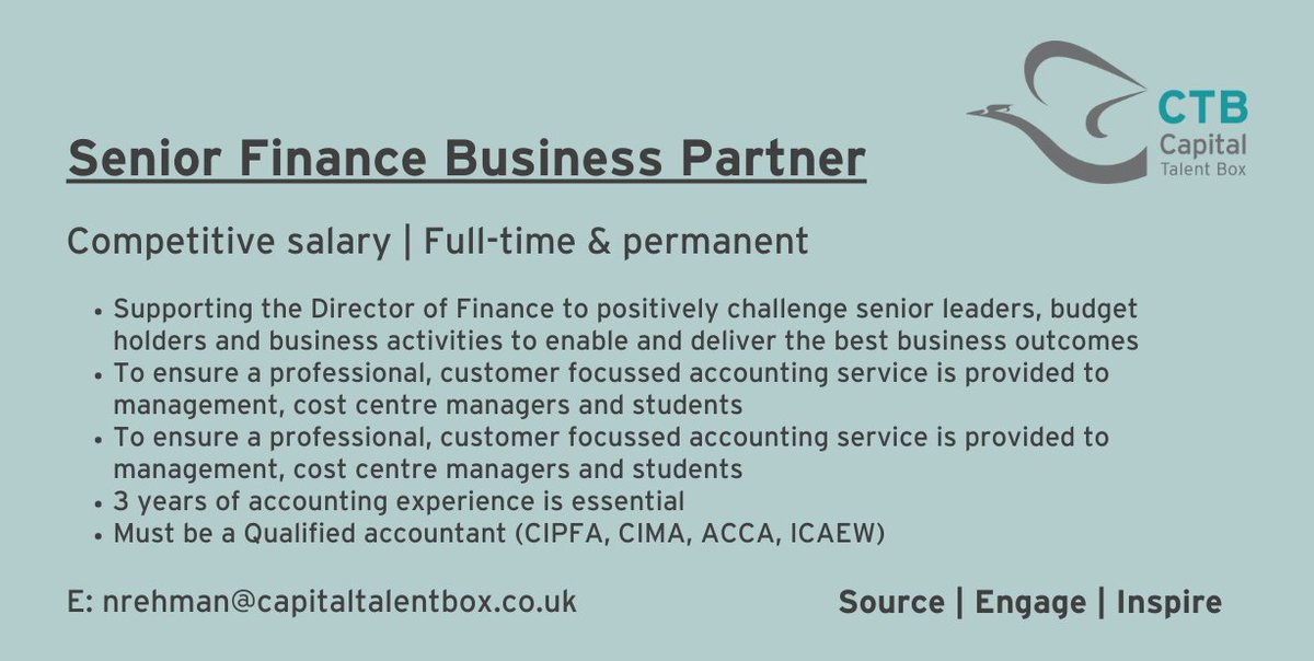 We're on the lookout for a Senior Finance Business Partner to join West London College! 😀

For more information, please email nrehman@capitaltalentbox.co.uk