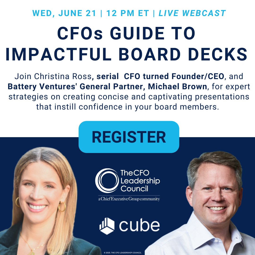Cube (@cubesoftwarehq) on Twitter photo Looking to put together a board deck that perfectly balances data and dynamic storytelling?
Join Cube CEO, <a href="/cfochristina/">Christina Ross</a>, and <a href="/michaelmbrown/">Michael Brown</a>
from <a href="/BatteryVentures/">Battery Ventures</a> next week.
📅 Wed, June 21st at 12PM ET
Register with <a href="/CFOLeader/">CFO Leadership Council</a> here 👉attendee.gotowebinar.com/register/57464… Looking to put together a board deck that perfectly balances data and dynamic storytelling?
Join Cube CEO, <a href="/cfochristina/">Christina Ross</a>, and <a href="/michaelmbrown/">Michael Brown</a>
from <a href="/BatteryVentures/">Battery Ventures</a> next week.
📅 Wed, June 21st at 12PM ET
Register with <a href="/CFOLeader/">CFO Leadership Council</a> here 👉attendee.gotowebinar.com/register/57464…