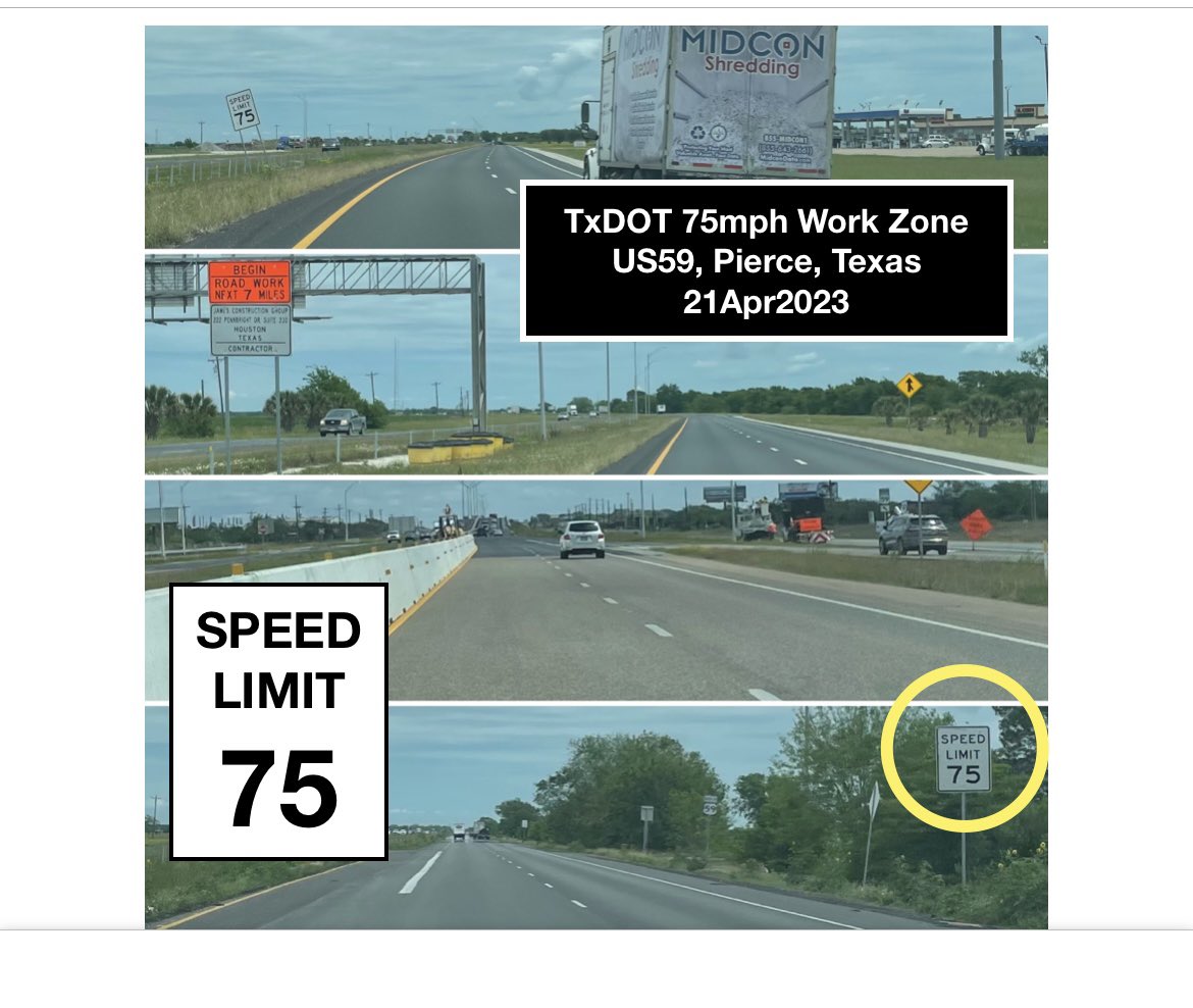 zero_texas's tweet photo. @TerryCanales40 @TxDOT @TxDOTPharr @NTSB @TxDOTCommission @TxDOTCEO @TxDOT_Corpus @TxDOTAustin @AdamH_TxDOT @TxDOTHouston @TxDOTDallas @TxDOTFortWorth @SenatorNichols 🧵2
At Mar2023 @TxDOTCommission mtg I spoke against #TxDOT’s 70-75mph work zones, Commissioner New assured us “thing of the past.”
Here’s 3 more #TxDOT #WorkZones w/ 70-75mph reg. speed limits in April2023!
Moral of story:
1. @TxDOT legalizes deadly WZs
2. #TxLege lacks oversight https://t.co/jYWlgLz0l6