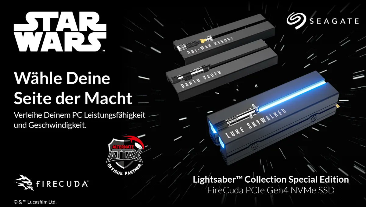 ATNattax's tweet photo. Eine machtvolle SSD! 🦾 

🔗  https://t.co/aXK7zel5Ni 

Die Seagate #FireCudaSSD in der einzigartigen Lightsaber Special Edition ist ein absolutes Must Have für alle Star Wars Enthusiasten! Möge die Performance mit dir sein! 👀 

#Ad #SeagateSSD https://t.co/beDoRsA1MH
