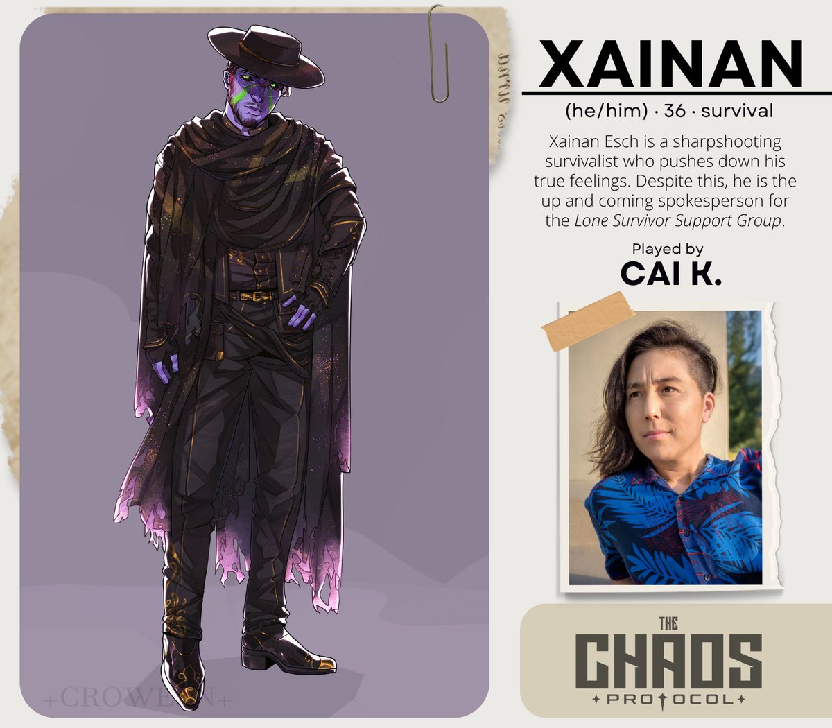 “Shake the dust off your boots, Sprout. Roads can be travelled both ways.”

❌

Xainan is the survivalist of Strike Team Nova — and the rising star of the Lone Survivor Support Group. Meet him on June 24th at 8pm ET.

Xainan is played by <a href="/estelofimladris/">Cai K ➡️ 𝕙𝕒𝕤 𝕞𝕠𝕧𝕖𝕕 𝕥𝕠 🦋</a>.
Art by <a href="/Crowesn/">✨Crowesn || Inactive✨</a>.