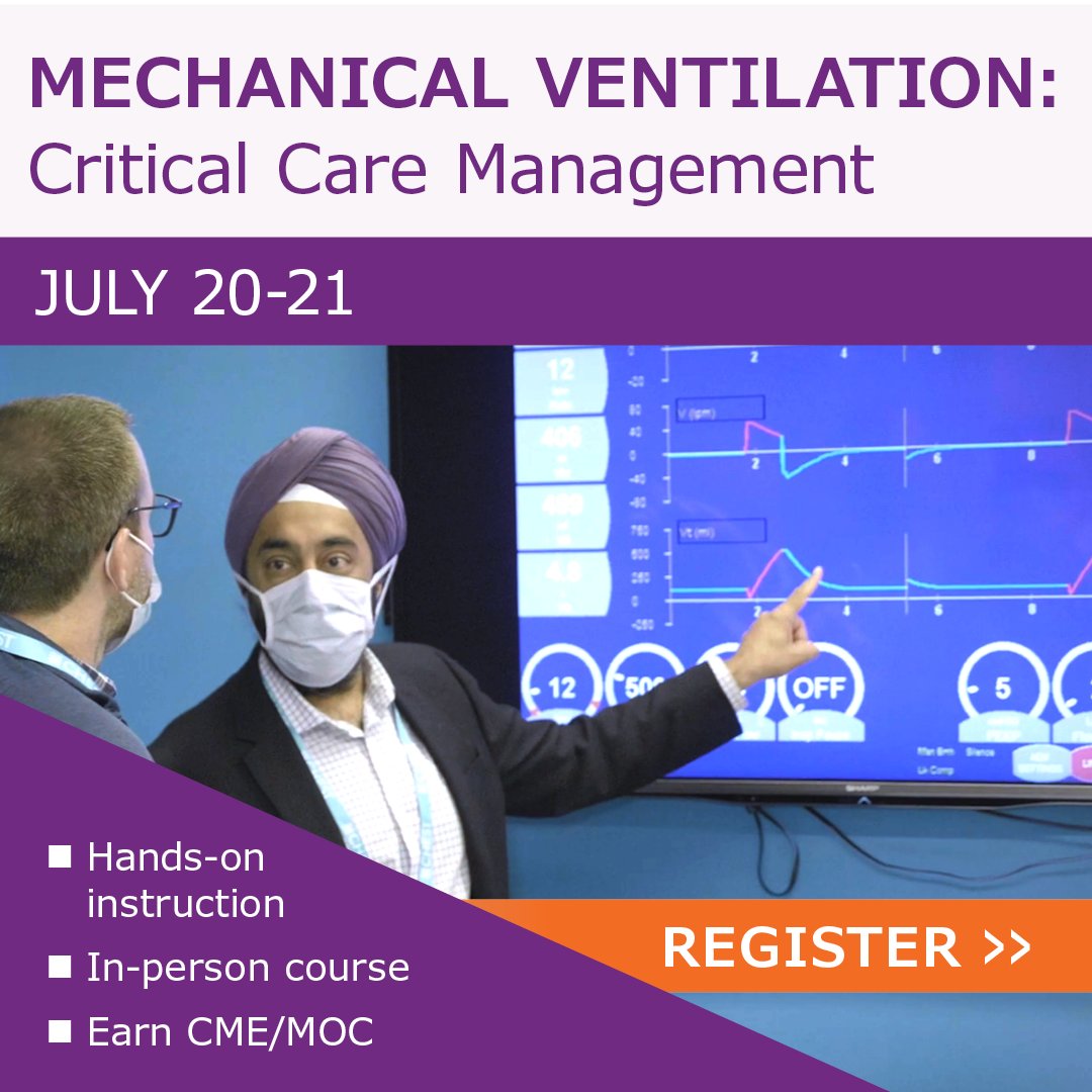 accpchest's tweet photo. Increase your understanding of principles of mechanical ventilation like ventilator modes, graphic analysis, lung mechanics and respiratory physiology by attending this hands-on, expert-led course. Register today: https://t.co/rPDaft69Rh
#CHESTSim #MedTwitter https://t.co/je61AGzENf