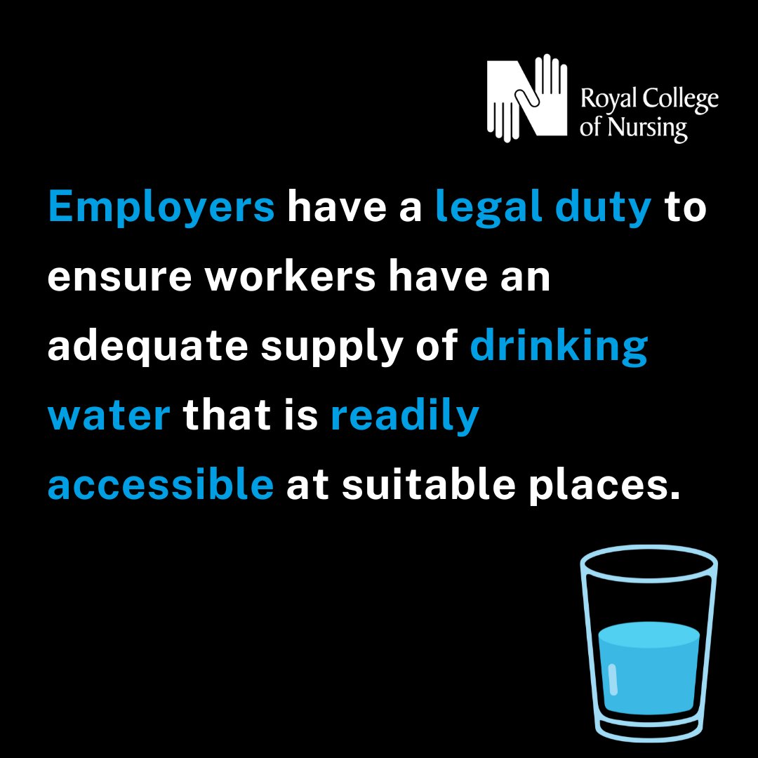 As temperatures continue to peak, here's Chair of the RCN UK Safety Representatives Committee, Elspeth Caithness, to remind you why hydration is vital to health and wellbeing, and of the legal duty employers have to support you. Read more in her blog: bit.ly/45Q4Vd4