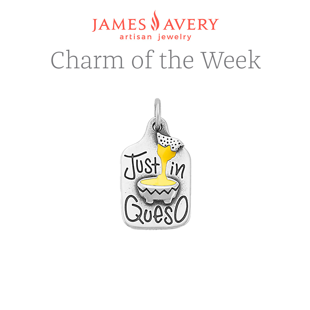 When all else fails, add queso! This whimsical charm celebrates this fiesta favorite with a fun script and yellow 'cheese' enameling. bit.ly/3CyCgLW