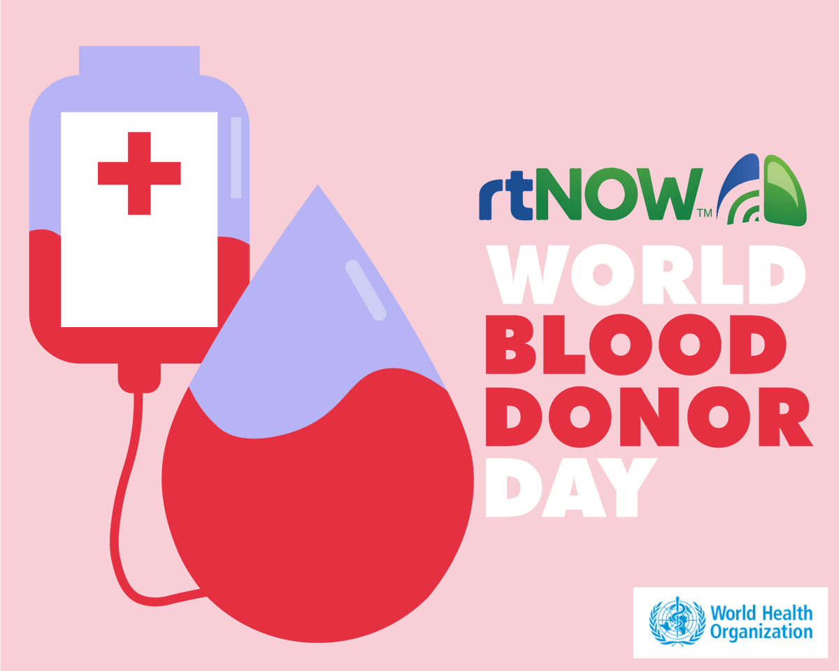 Rtnow's tweet photo. Today is #WorldBloodDonorDay and we at #rtNOW want to thank all the heroes who roll up their sleeves to give the gift of life. Your selfless act helps save lives every day! If you haven't donated yet, it's a great day to start. Every drop counts! #GiveBlood #telerespiratory https://t.co/71jI0Ljzyx