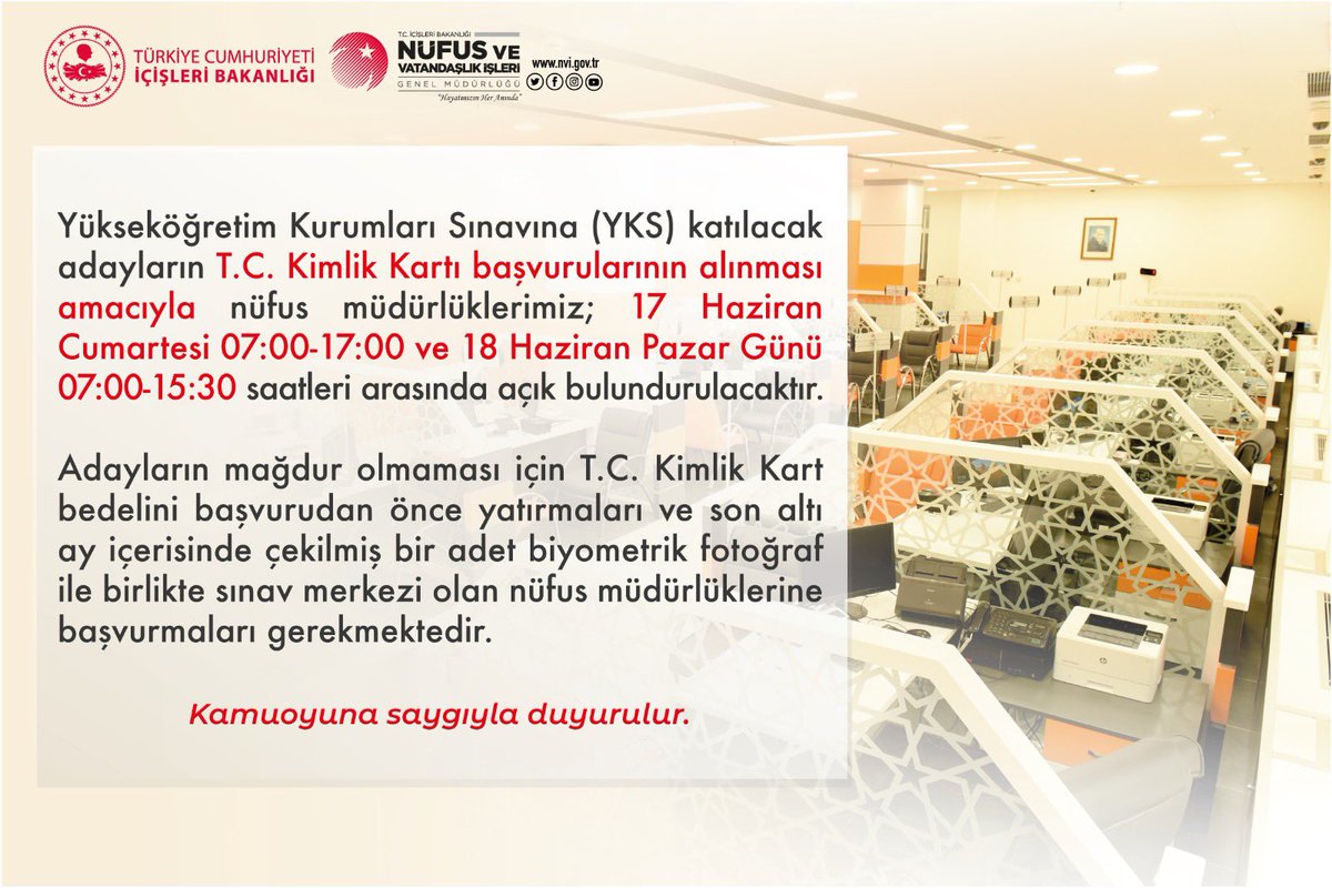 ✍️ Cumartesi ve Pazar günü gerçekleştirilecek Yükseköğretim Kurumları Sınavı (YKS) için nüfus müdürlüğümüz açık olacaktır.

‼️İşlemler randevusuz olarak gerçekleştirilecektir. 

Sınava girecek adaylara başarılar dileriz..!

#YKS 
<a href="/sefikaygol/">Şefik AYGÖL</a> 
<a href="/HASANBASARAN07/">Hasan BAŞARAN</a> 
<a href="/HarranKaymakam/">Harran Kaymakamlığı</a>