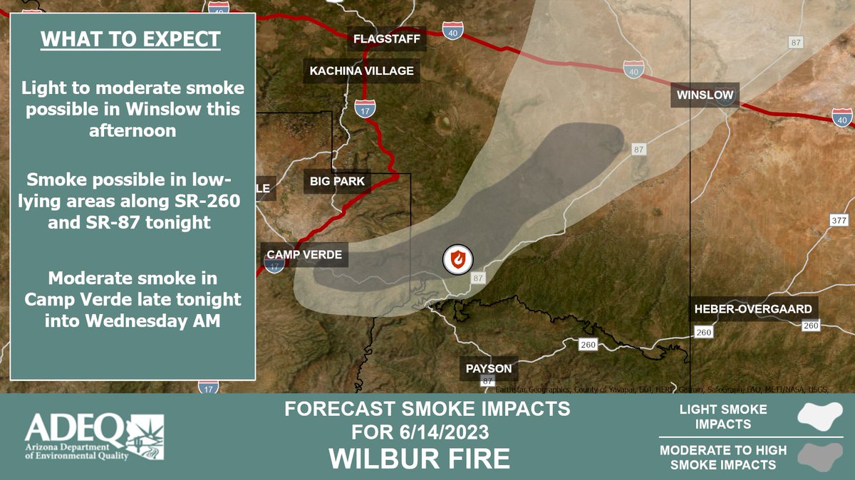 ArizonaDEQ's tweet photo. ❗ADEQ has UPDATED the #Wilbur Fire Wildfire Smoke Forecast❗
See how the #smoke is affecting your local community #CampVerde #ClintsWells #HappyJack #Winslow #Holbrook ➡️ https://t.co/i5mgYuMWVL
#AZFire #azwx #WilburFire #SmokeReady https://t.co/ZFm0khl0gN