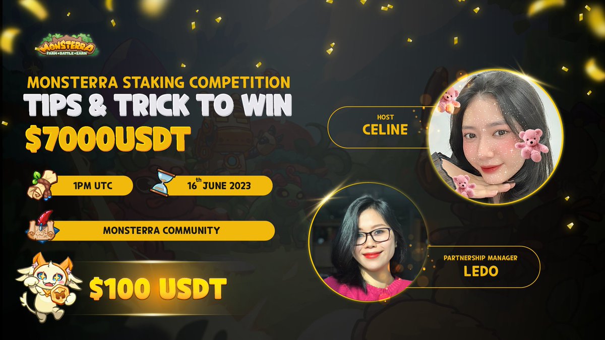Monsterra_P2E's tweet photo. 🔥FLARE UP! #MSTR Staking Competition x $7000 rewards & a hot AMA this Thursday🔥
🆘 Hottest campaign is landing. Join our talk to explore the tips & tricks to win the prize of $7000 with our beautiful BD - Le Do. Save the timeline to meet us up👇
🕰 14:00 UTC 16th June, 2023
💡Text AMA
📍https://t.co/ALm2iWfF2f
🎁 $100 USDT/9 winners
Follow these rules to win:
➡️ Like and Retweet
➡️ Follow Monsterra & @VanHangNg2 & @lledo1111
➡️ Comment your BEP-20 Wallet + #MonsterraTalk + tag 3 friends
MORE FRIENDS - MORE FUN - REFER NOW