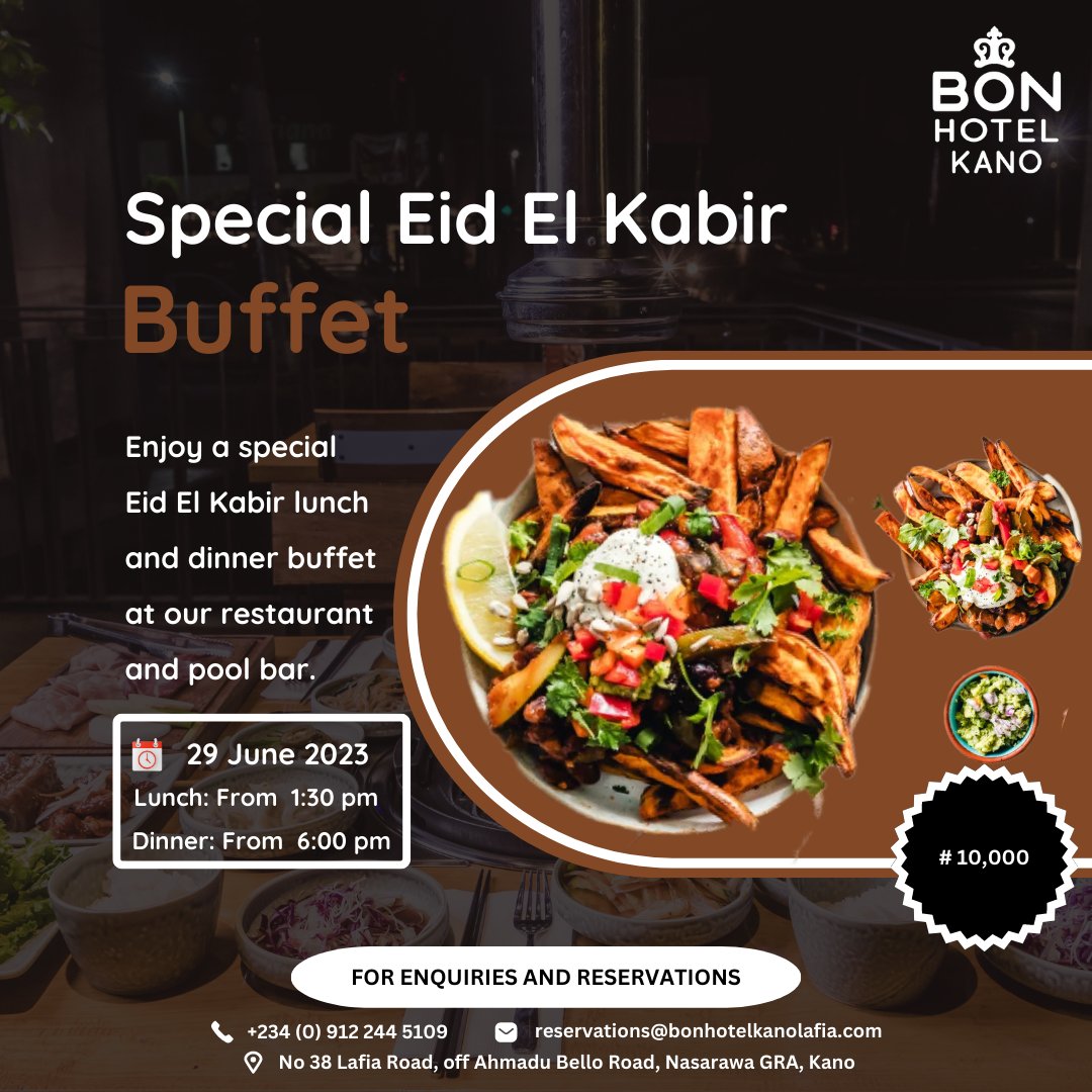 Make this Idel Kabir truly special by joining us at BON Hotel Kano as we serve our delectable dishes.
Book your table now
+234 (0) 912 244 5109
reservations@bonhotelkanolafia.com

#IdelKabirBuffet #FestiveFeast #CulinaryCelebration #TraditionalFlavors #BONHotelKano #FamilyAffair