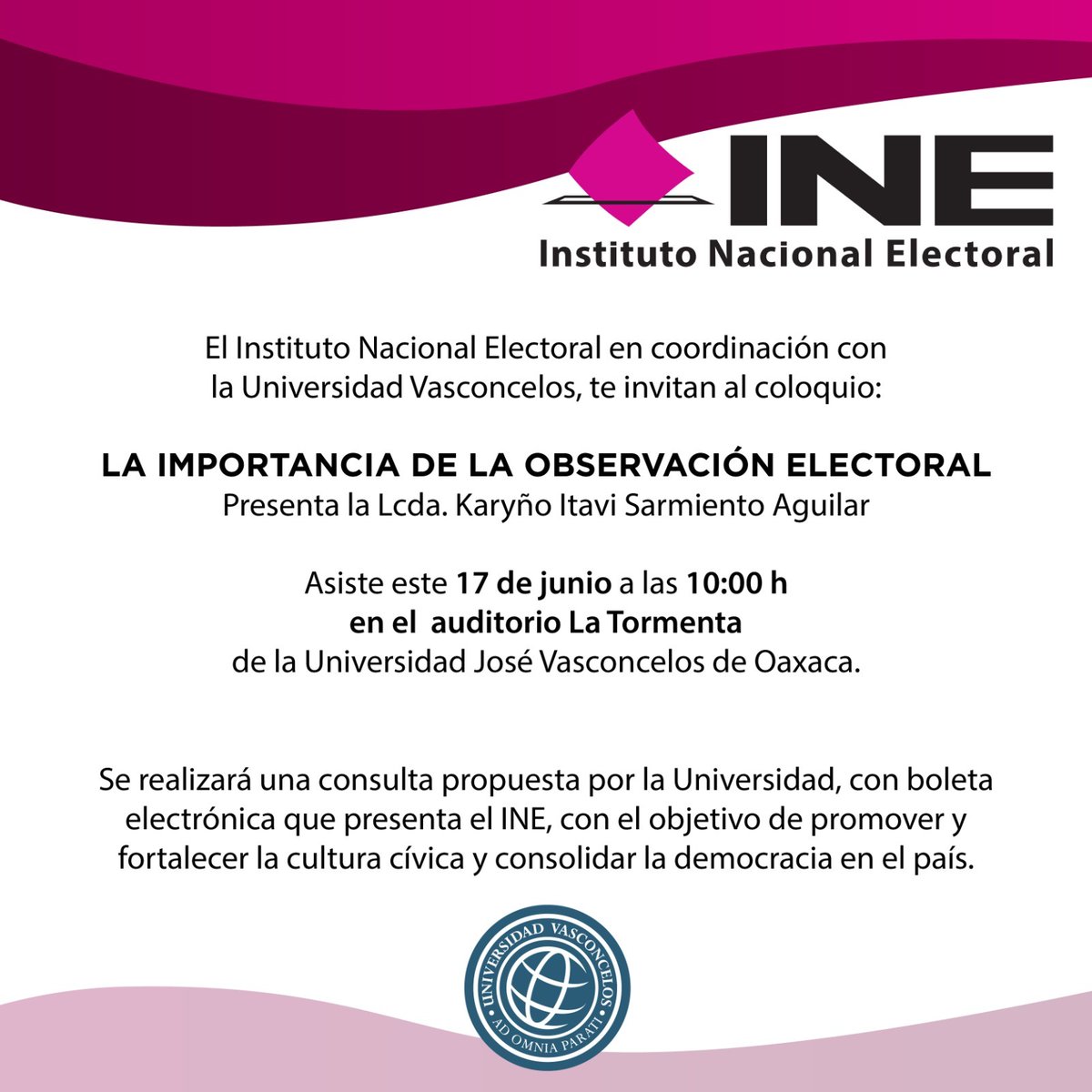 08Dtto's tweet photo. La 08 JDE en coordinación con la UNIVAS te invita al coloquio sobre la "Importancia de la Observación Electoral".
17 de junio 10:00 hrs. Auditorio "La Tormenta".
Se realizará consulta con urna electrónica para promover y fortalecer la cultura cívica en el País. https://t.co/BVOJFFc5Sr