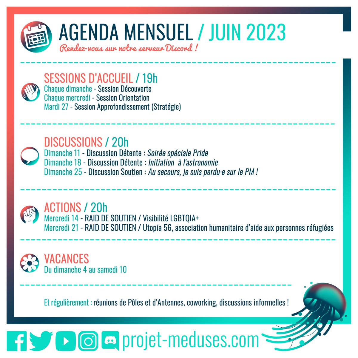 PMeduses's tweet photo. 📢 L'agenda de juin vient de sortir (avec un peu de retard à cause des vacances...) ! 🤗

👉 On vous dit à très vite sur le Discord… ou via les Antennes ! #BloopBloop 🤜🤛

#ProjetMéduses https://t.co/Qe8dZRFY5u