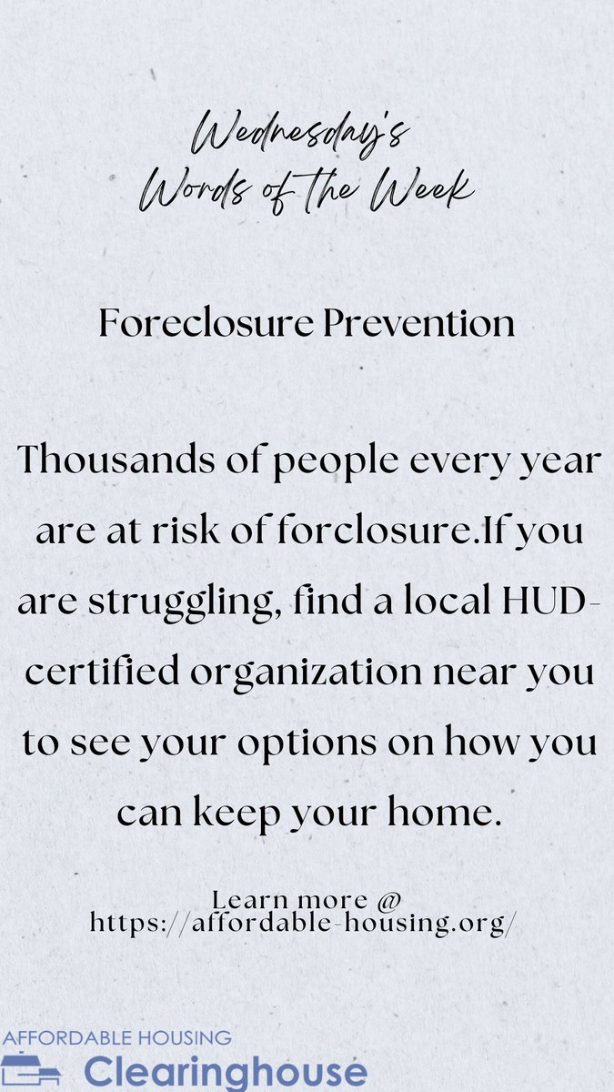 Foreclosure prevention is critical! If you're at risk of losing your home, find a local HUD-certified org for help understanding your options. Don't wait - act fast to keep your home! #WordoftheWeek #ForeclosurePrevention #SaveYourHome