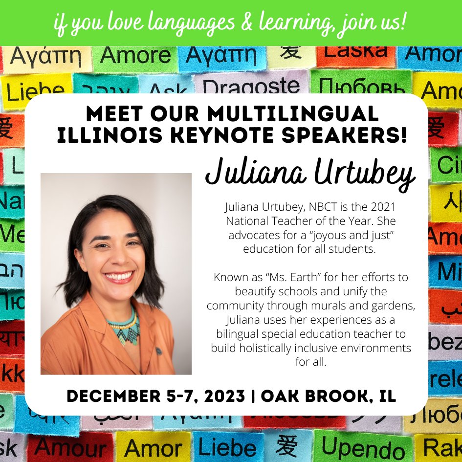 IL_Resource_Ctr's tweet photo. We could not be more excited to welcome 2021 National Teacher of the Year and "joyous &amp; just" education advocate @JulianaUrtubey3 as one of our keynote speakers for Multilingual Illinois 2023! 

Stay tuned for more information on other speakers, how to register &amp; more! https://t.co/FOP28v8gP3