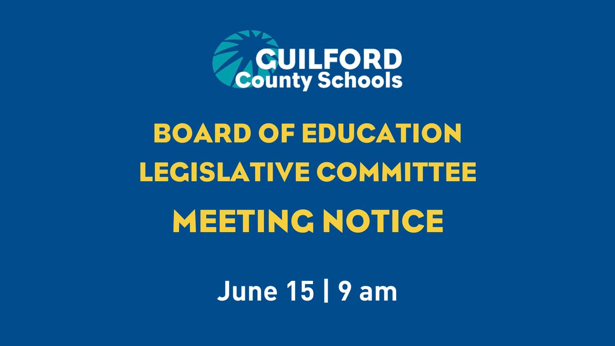 The GCS Board of Education Legislative Committee will meet at 9 am on Thursday, June 15 in the Board Room of the GCS Administrative Offices, 712 N. Eugene St., Greensboro, NC 27401.