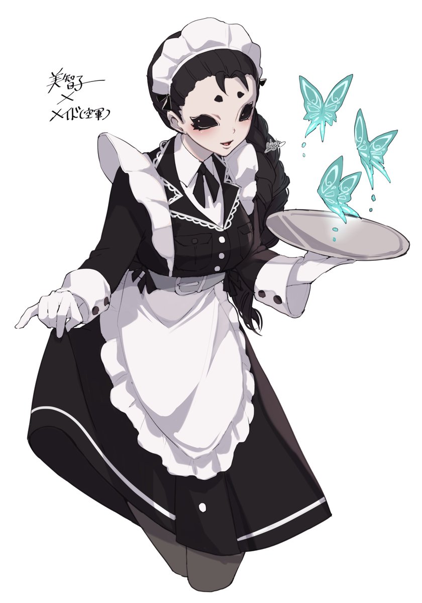 1girl solo gloves maid headdress black hair black eyes apron  illustration images