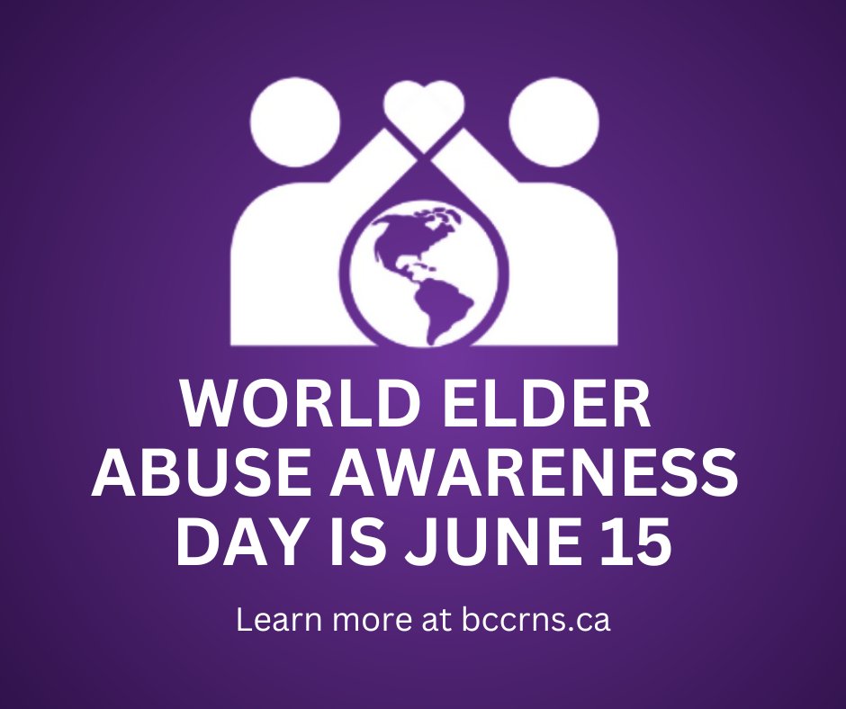 June 15 is the annually recognized World Elder Abuse Awareness Day (WEAAD), when the whole world joins as one voice to raise awareness and opposition to the abuse and suffering inflicted on adults, older adults and seniors in our communities. #BCCRNWEAAD2003 #WEAAD2023