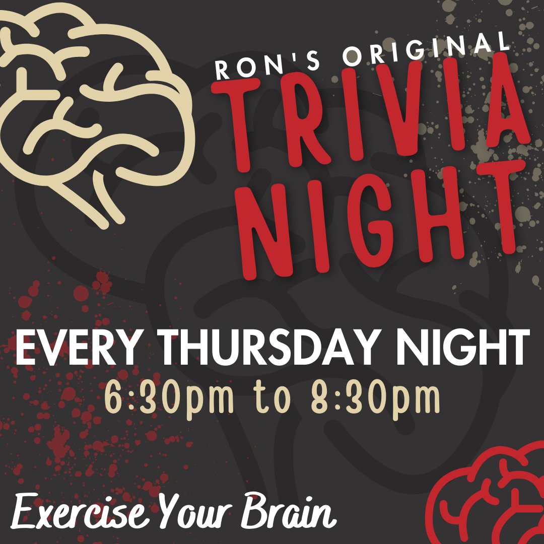 ronsoriginal's tweet image. We know you love trivia, so don't miss out on the chance to show off your smarts! 🤓 

Join us for Trivia Night this and every Thursday! 🧠 It's always an evening full of fun, friends, and prizes. 🎉

#TriviaNight #ThursdayNightFun #BringYourBrain #ExerciseYourBrain