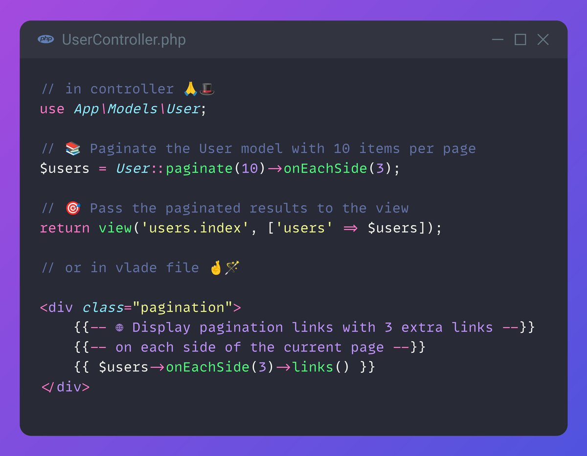 💡 Pro Laravel Tip: Supercharge your pagination in Laravel with onEachSide()! 🚀

Take control of your pagination window in Laravel using onEachSide()! 🌐🔥

Maximize usability and aesthetics by adjusting the value. Experiment and find the perfect balance 🧐🧐

#laravel #php 🫶🪄