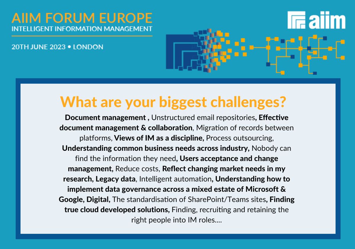 AIIMForumEurope's tweet photo. Join your peers to overcome your common information management challenges at AIIM Forum in just 3 weeks!
Register here today: https://t.co/crfzqhJ9sv #AIIMForumEurope #AIIMForum #Informationmanagement #IMevent https://t.co/CfxU2VmAMe