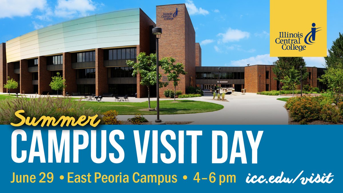 IllinoisCentral's tweet photo. ICC can help you change your life! Visit with staff, faculty & students on June 29 to explore different career paths, learn about scholarships, financial aid, how to enroll, tour campus & more.
https://t.co/ZMwKQOGpQr
#myICC #VisitDay #SmartChoice #Careerpath #CampusVisit https://t.co/lSH25EzYSG