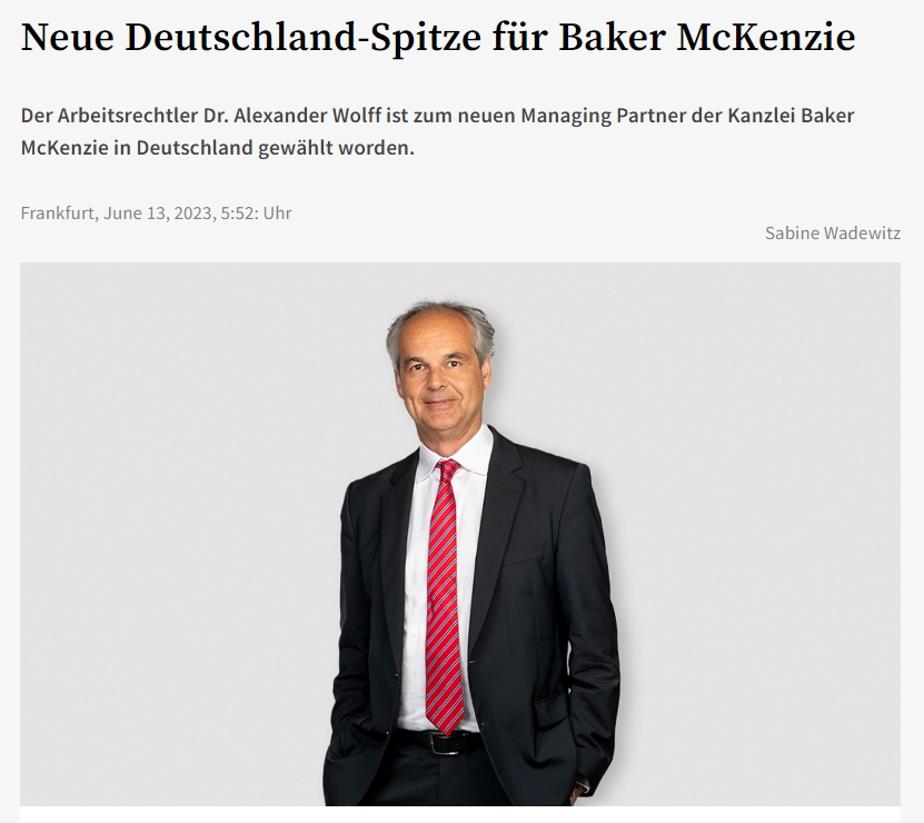 BarbaraAGruber's tweet photo. Twitter
Aktuell in der @boersenzeitung: Neue Deutschland-Spitze für @BakerMcGer: Der Arbeitsrechtler Dr. Alexander Wolff ist zum neuen Managing Partner der #Kanzlei Baker McKenzie in Deutschland gewählt worden. https://t.co/O8cEL5DfBE