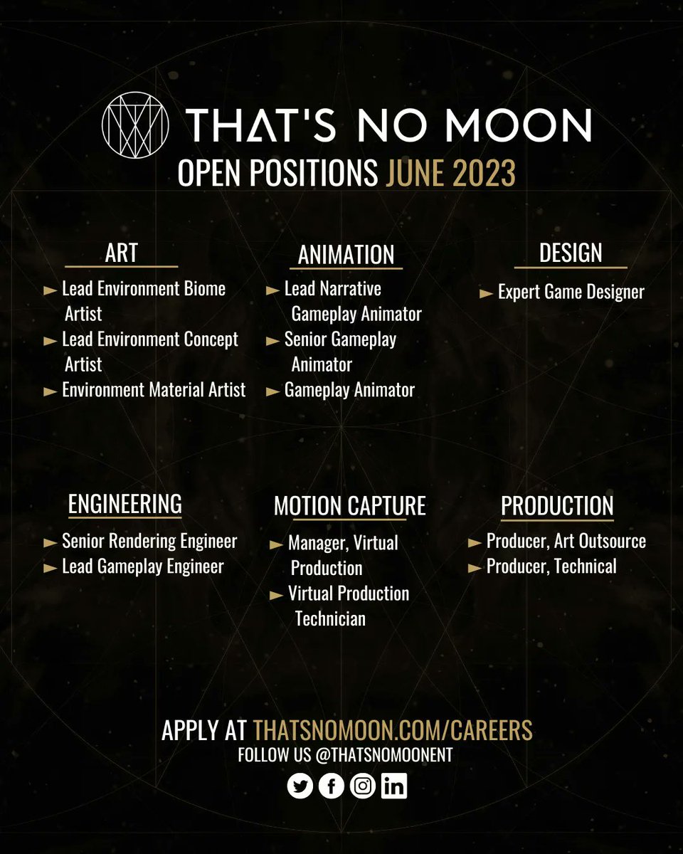 ThatsNoMoonEnt's tweet photo. 📣JUNE OPENINGS: Join our team of storytellers as we develop our debut title!

These remote-friendly positions include comprehensive healthcare, flexible paid time-off, and financial benefits. Interested in joining our studio, check out our careers page: https://t.co/HwMbHtAuH0 https://t.co/Ves7IMnoGM
