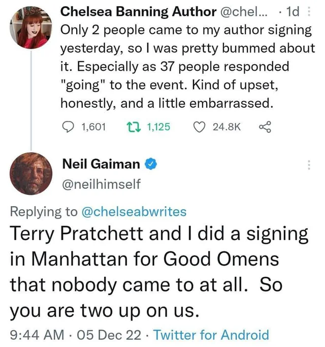 Classic wholesome tweet from  <a href="/neilhimself/">Neil Gaiman</a>. An amazing person and an author.