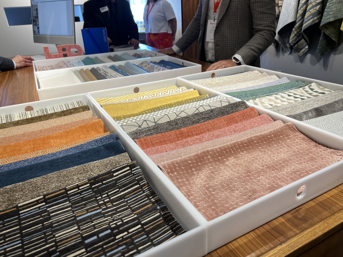 PageThink's tweet image. At #Neocon2023, our #PageInteriors team is paying attention to design trends: privacy pods; colors: pinks, greens, golds, navy; hybrid conferencing solutions; and modular sculptural seating.