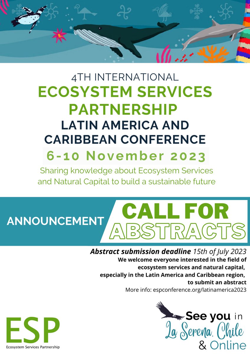 UNBiodiversity's tweet photo. 🌎The @ESPartnership is excited to announce the call for abstracts for the 4th International ESP Latin America and Caribbean Conference. The conference will take place from 6th to 10th November 2023 in the vibrant city of La Serena, Chile 🇨🇱

Learn more: 
https://t.co/nDXiqrBZTs https://t.co/7hjOz6kuzR