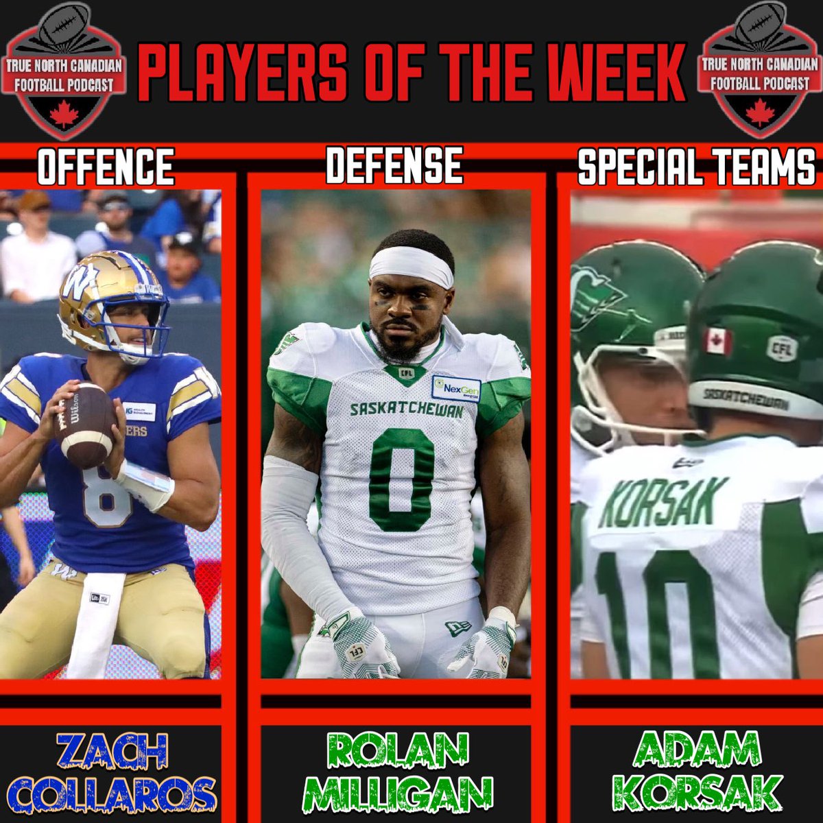 TrueNorthCFPod's tweet photo. Here’s our players of the week and our power W kings for week 1! #CFL #Riders #Bombers #Elks #Lions #Stamps #Argos #Ticats #Als #Redblacks https://t.co/b4CpmAkVAu