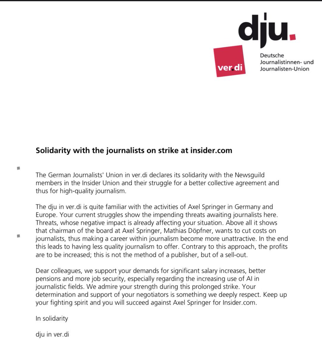 Thank you to the German Journalists’ Union in ver.di @djuverdi for this letter of support for the Insider strike! Our solidarity as journalists spans oceans. ✊💙