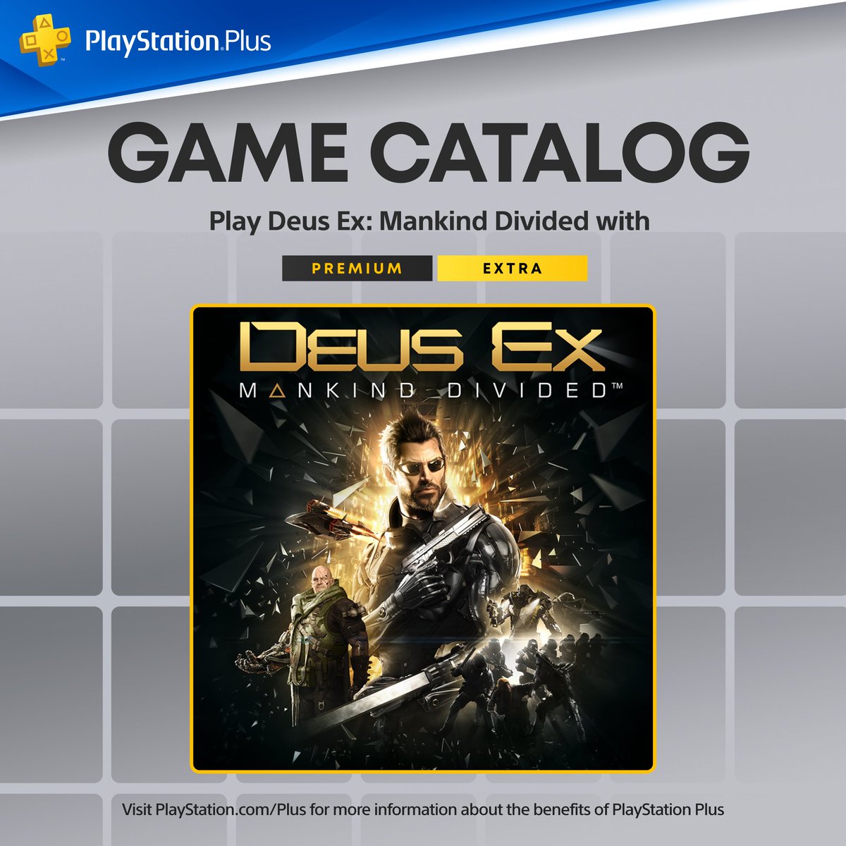 DeusEx's tweet image. Next week, we're going back to 2029 🦾
Deus Ex: Mankind Divided is joining the @PlayStation Plus Game Catalog for June.