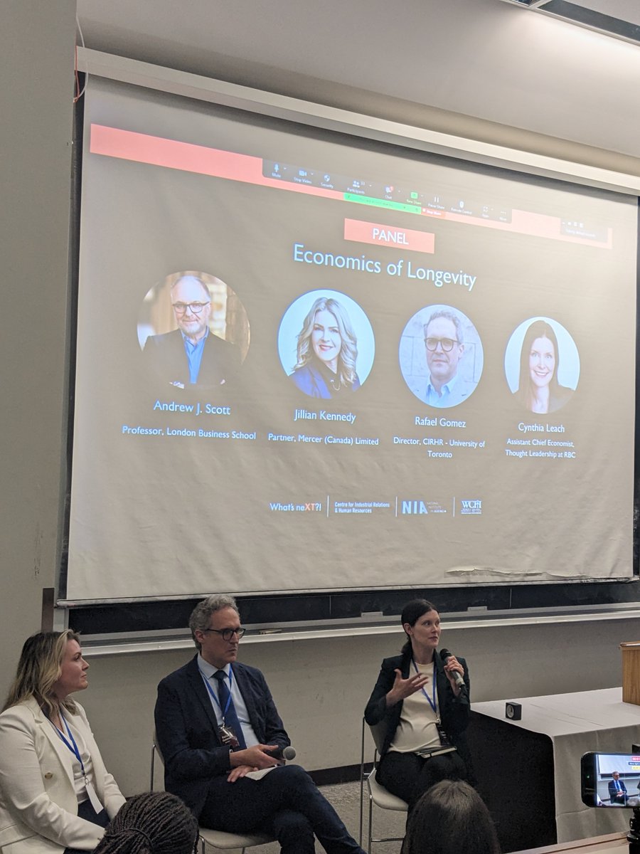 WhatsNext50's tweet photo. .@_JillKennedy, @MercerCanada; Rafael Gomez, @CIRHR_UofT; and Cynthia Leach, @RBC discuss the economic impact of longer lives at the #FutureofWorth Leveraging the Longevity Dividend Event. https://t.co/t6BwQ3xfo0