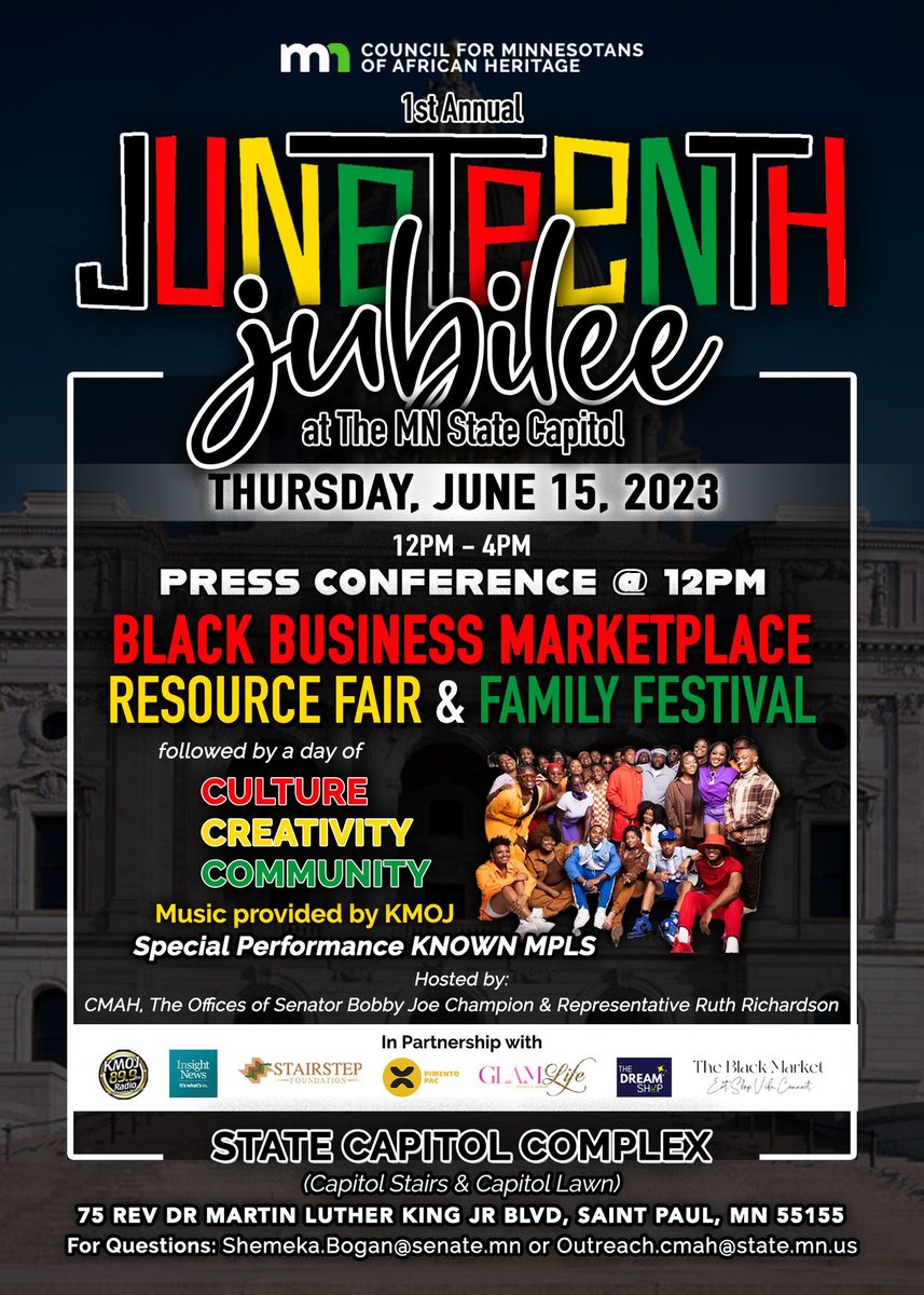 mnhouseDFL's tweet image. This coming Monday, Minnesota will recognize Juneteenth as an official state holiday for the first time! Tomorrow afternoon, visit the State Capitol grounds for the 1st Annual Juneteenth Jubilee, a gathering of culture, creativity, and community. #mnleg