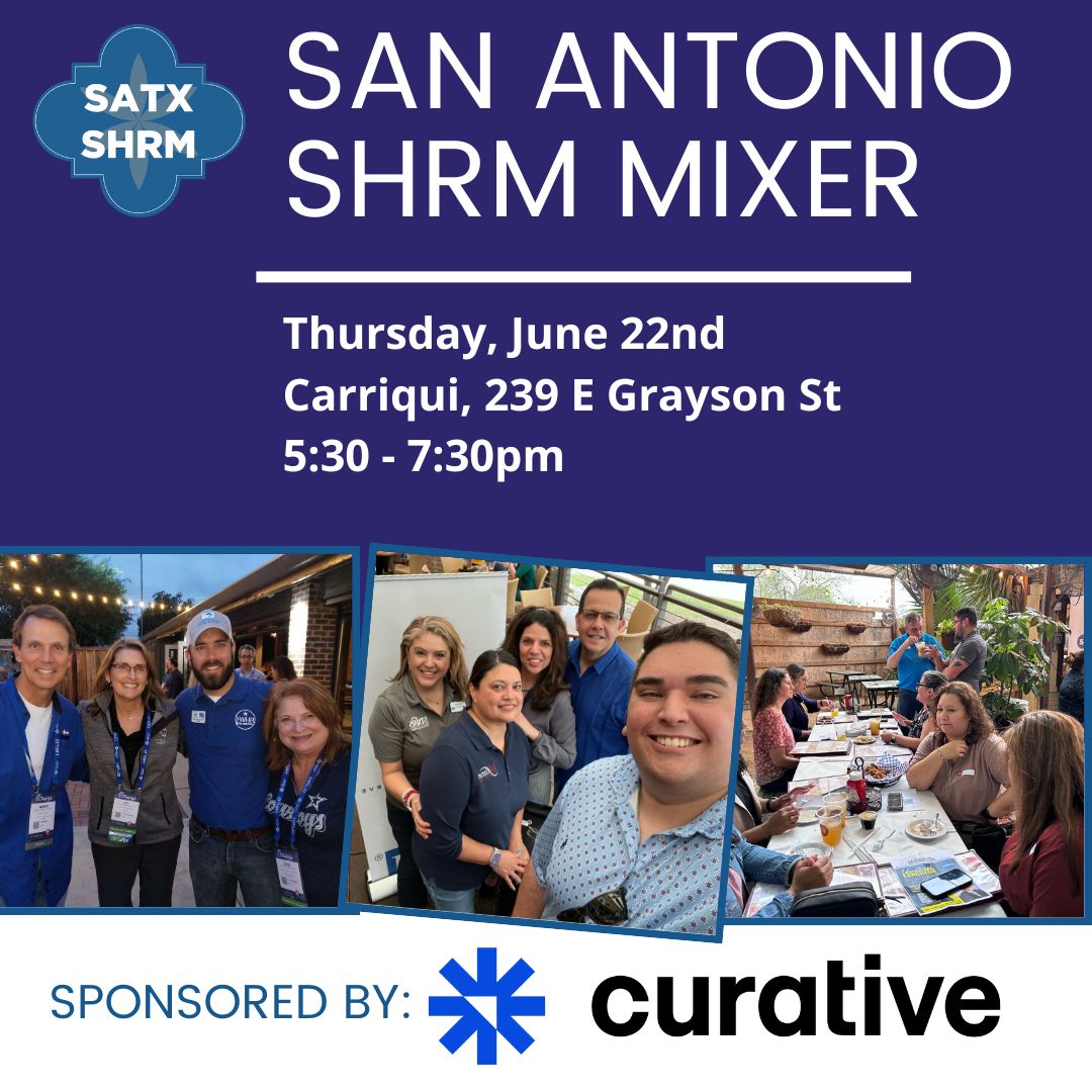 SHRM_SanAntonio's tweet image. Don't miss this opportunity to connect with other HR professionals and enjoy a fun night out! 
Register here: sahrma.org/event-5101623
Thank you, Curative, for sponsoring our Mixer! 
curative.com
#HRnetworking #networkingevent