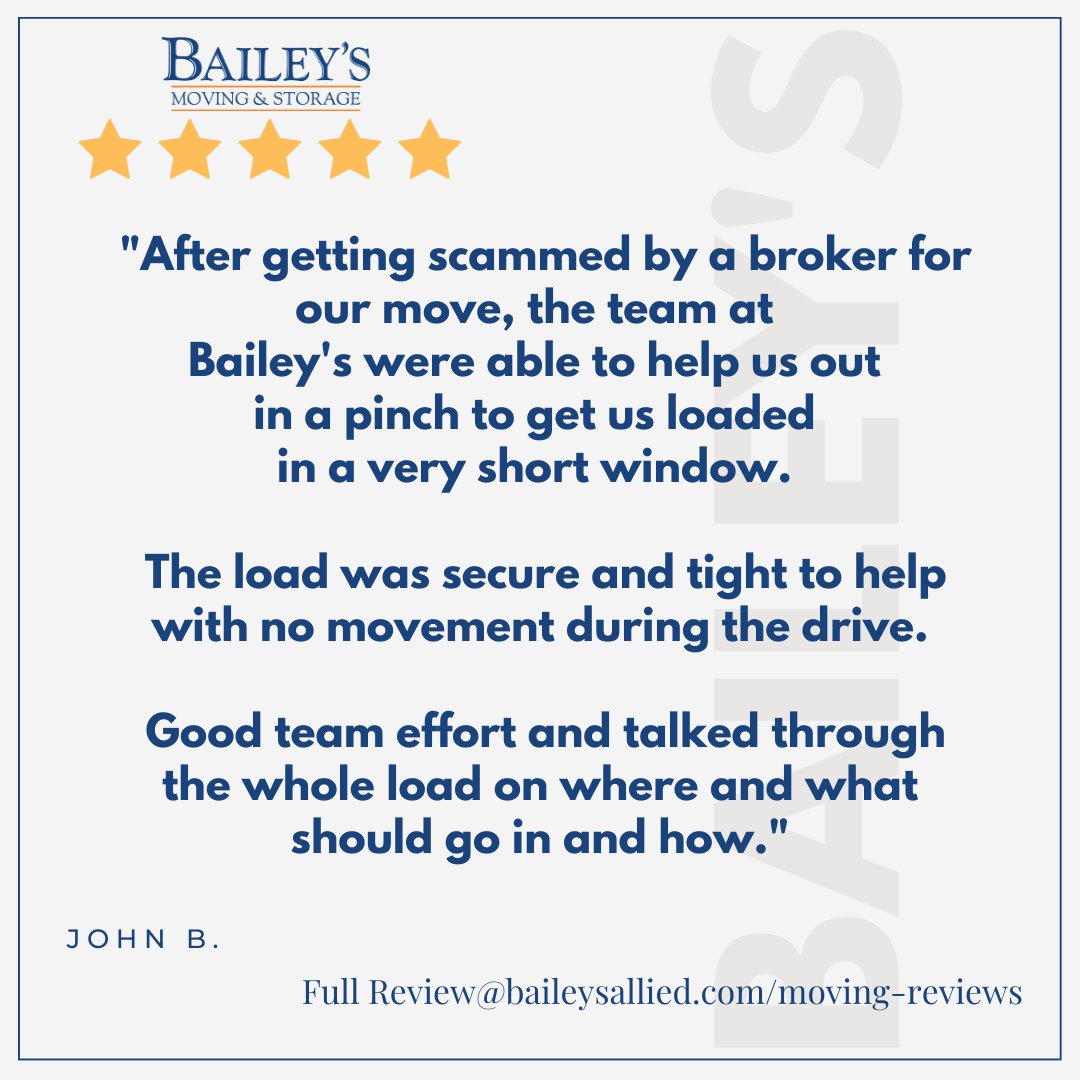 baileysmoving's tweet image. 🛑 #Movescams are on the rise.

Thank you John B. for leaving a review about your experience with a scammer...we are happy we could help you in a critical time and make your move a success! Best of luck in your #NewHome

 👉 Read more : baileysallied.com/blog/how-to-av…

#ProtectYourMove