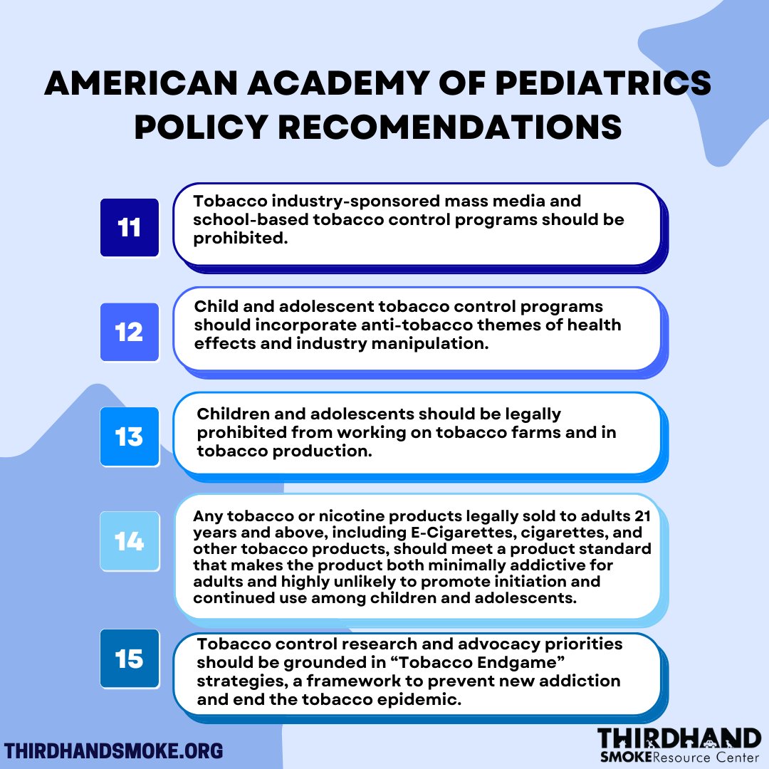THSResources's tweet photo. The new policy statement from @AmerAcadPeds makes 15 recommendations to protect children and adolescents from tobacco and nicotine, including second- and thirdhand smoke.
Link:https://t.co/vnOytbxInZ
#thirdhandsmoke #americanacademyofpediatrics #healthequity #KickItCA https://t.co/S2la7T5kQm